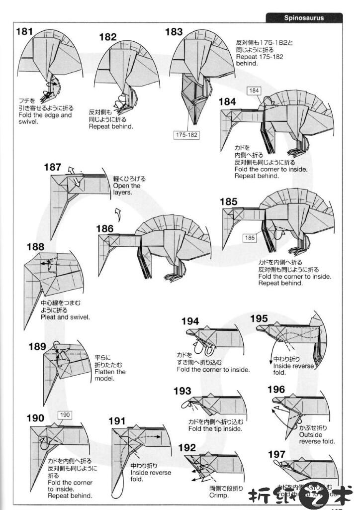 神谷蜥脊龙（栉龙）折纸教程第181-190步